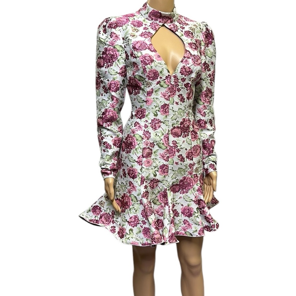 Asos Luxe Keyhole Cut Out Floral jacquard High Neck Long Sleeve Mini Dress Sz 6 - Picture 3 of 14